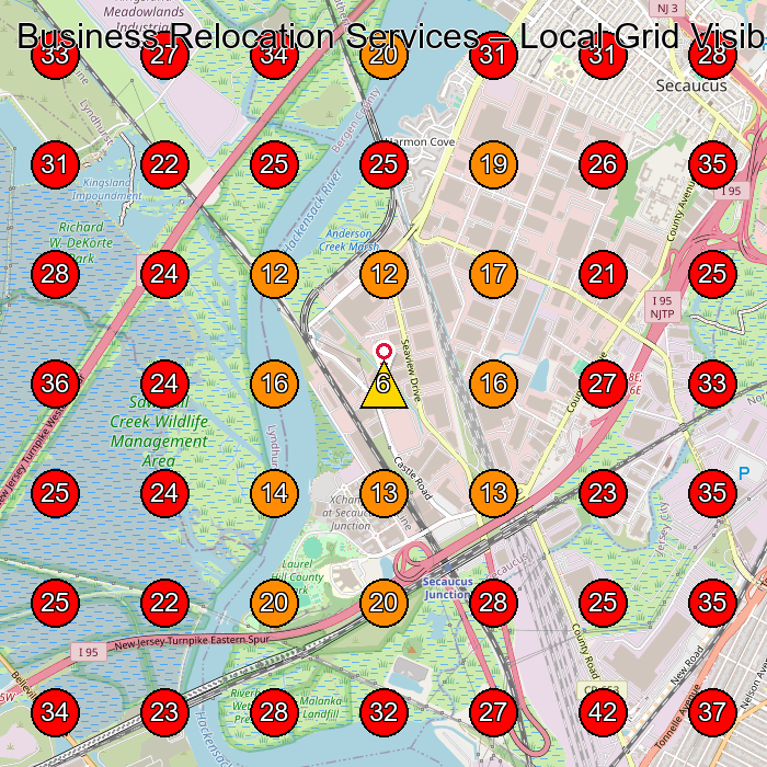 Business Relocation Services GeoGrid visibility map for Moving And Storage Service in Secaucus